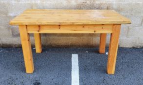 Contemporary pine kitchen table of rectangular form, on square legs, 81cm high x 151cm wide x 78cm