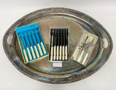 Silver plated oval two-handled tray and a quantity of loose flatware (1 box and tray loose)