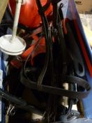 English Bridle leather pony bridle, stirrup leathers, leather girths, a stitching clam, a Plough