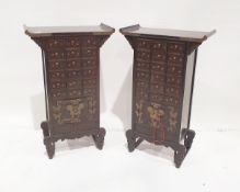 Pair Oriental stained wood collectors' chests, each with six rows of three small drawers,