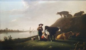 19th century continental school, possibly Dutch Oil on canvas Country scene with farmers milking