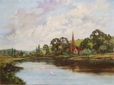 J Avery (20th century) Oil on canvas River scene with swans and church in background, signed lower