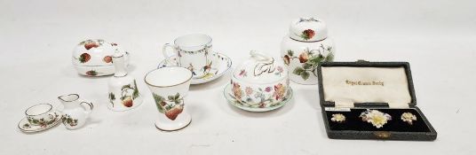 Royal Crown Derby porcelain flower-encrusted brooch and clip-on earrings in original leather case