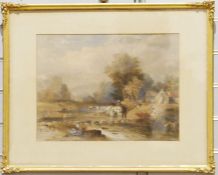 Attributed to Thomas Creswick  Watercolour  Figure and horses in river, unsigned, labelled verso