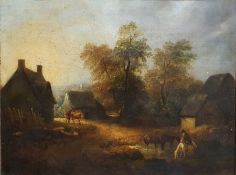 19th century school Oil on canvas  Farmyard scene depicting horses watering at pond in foreground,