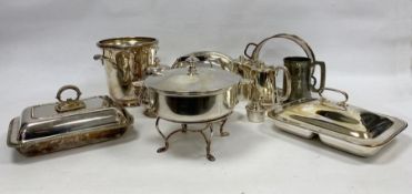 Quantity of plated ware to include teapot, tureens, wine bucket, etc (1 box)