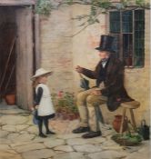 Henry Terry (British fl. 1879-1920) Watercolour Young girl and elderly gentleman before a cottage,