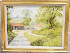 J E Halliday (20th century)  Oil on board Rural landscape with dwellings, signed and dated 1983