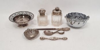 Two silver-mounted cut glass bottles, a small silver heart-shaped pin tray, a silver bon bon dish