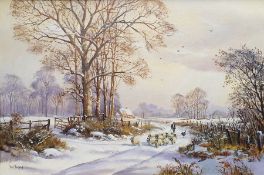 Don Vaughan (1916-2005?) Oil on canvas Winter landscape with shepherd driving sheep on a track,