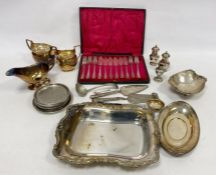 Cased set of plated fish eaters, milk jugs, coasters, etc (1 box)