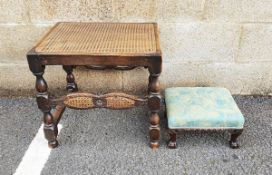 19th century stained oak stool with cane top, on turned and stretchered legs and a 19th century
