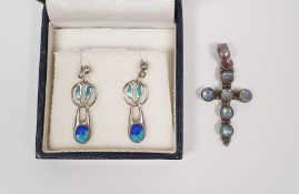 Modern pair of Art Nouveau-style silver and enamel drop earrings and a silver cross set with