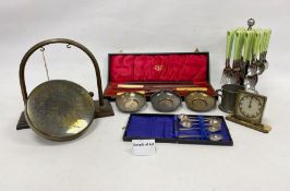 Assorted stainless steel and plated flatware, pewter, a table gong, etc (1 box)