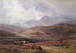 Charles James Adams (19th/20th century)  Watercolour Moorland scene with cattle in foreground,
