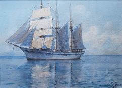 Johann Seits (1887-1967) Watercolour Tall-masted sailing vessel in Loznicka, Serbia, signed and