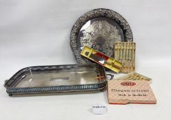 Silver plated two-handled tray, a circular salver, plated flatware, etc