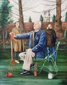 Andy Danks (20th century)  Oil on canvas Elderly gentleman seated in a garden holding a garden fork,