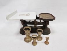 Vintage weighing scales, with a marble plate, imprinted with figures and the motto 'Justitia et