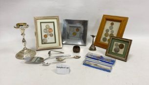 Modern coins, framed and a quantity of silver plated flatware (1 box)