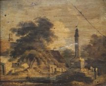 19th century school Oil on panel Village scene with figures next to monument, dwellings in the