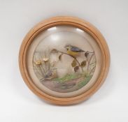 H E Harvey, RMS 'Nature Study', feather, leaf and painted applique picture of two birds on branches,