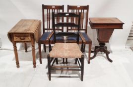 Vintage pine drop-leaf table with carved side drawers together with a walnut sewing table, two oak