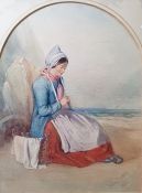 Delia Robins (19th century school) Watercolour  Woman seated by the shore knitting, signed and dated