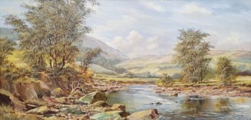 Don Vaughan (1916-2005?) Oil on canvas Extensive river landscape with cattle watering and hill