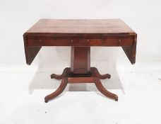 19th century mahogany sofa table with drop ends, two drawers, panelled column, pedestal to four