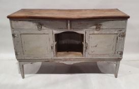 Painted oak dresser base with shaped oak top above two drawers with central recess flanked by two