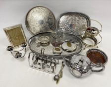 Assorted silver plate to include oval trays, toast rack, teapot (1 box)