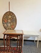 19th century mahogany polescreen in petitpoint oval panel together with a modern white painted stool
