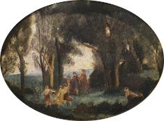 19th century school Oil on board Woodland scene with figures dancing in clearing, unsigned, oval