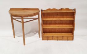 20th century Arts & Crafts-style light oak and figured wood demi-lune side table, having panelled