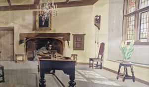 After Norman Wilkinson  Large colour print  Interior scene of a dining room with large inglenook