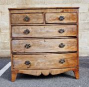 19th century mahogany bowfronted chest of two short and three long drawers, on bracket feet, 99cm