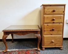 Modern narrow pine chest of four drawers on bun feet together with an oak glass top coffee table
