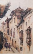 19th century school Watercolour Continental street scene with two figures, unsigned, framed and