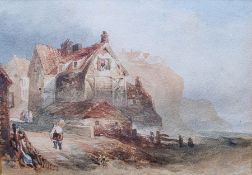 19th century school Watercolour  Coastal scene with dwellings and figures, unsigned, 11.5cm x 16.5cm