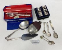 Large quantity of plated flatware, community plates, souvenir spoons, EPNS napkin rings, etc (1 box)