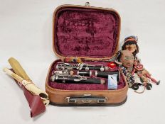 Collection of vintage puppets, sporting equipment and other items including a brass and steel fire