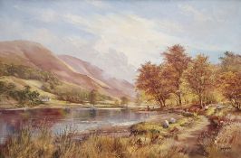 Don Vaughan (1916-2005) Oil on canvas Lakeland landscape with figures and sheep in the foreground,