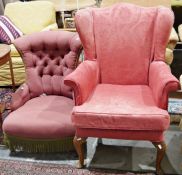 20th century Parker Knoll wing armchair with red upholstered seat and a button back nursing chair (