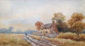 E Murray (late 19th/early 20th century) Watercolour Country scene with thatched cottage and two