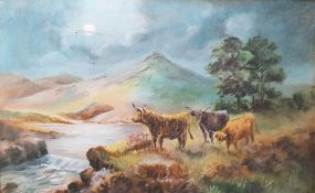 H J (20th century school)  Pastel Highland scene with cattle beside a river, initialled lower right,