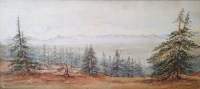 E. Bruce Watercolour Highland scene with spruce trees to the foreground, mountain range in the