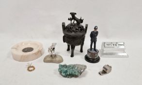 Small cast iron Oriental censer , with a dog of Fo finial , a mineral, a vintage revolving desk