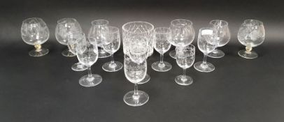 Collection of etched and engraved glasses, including 10 Baccarat wine glasses etched with foliate
