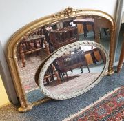 Modern gilt painted overmantel mirror, a grey painted oval mirror and a modern grey painted